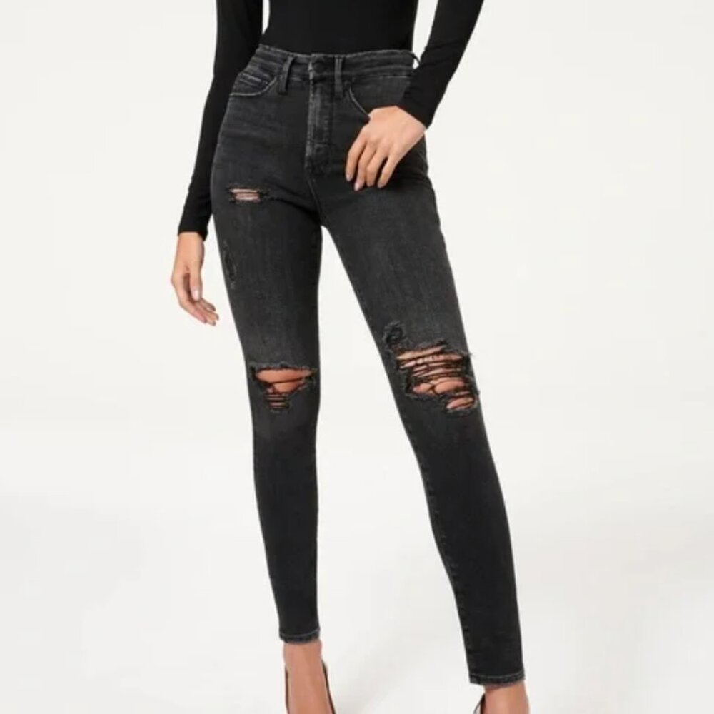 Good American Good Legs High Rise Distressed Black Skinny Jeans
